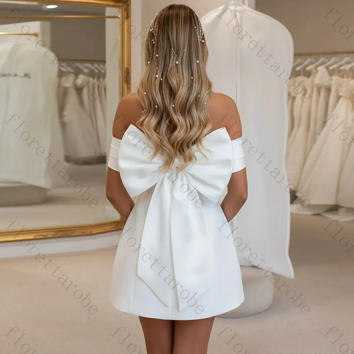 Customized White Off The Shoulder Boat Neck Mini Wedding Dress Large Back Bow Satin A-Line Skirt Hidden Side Pockets Bridal Gown
