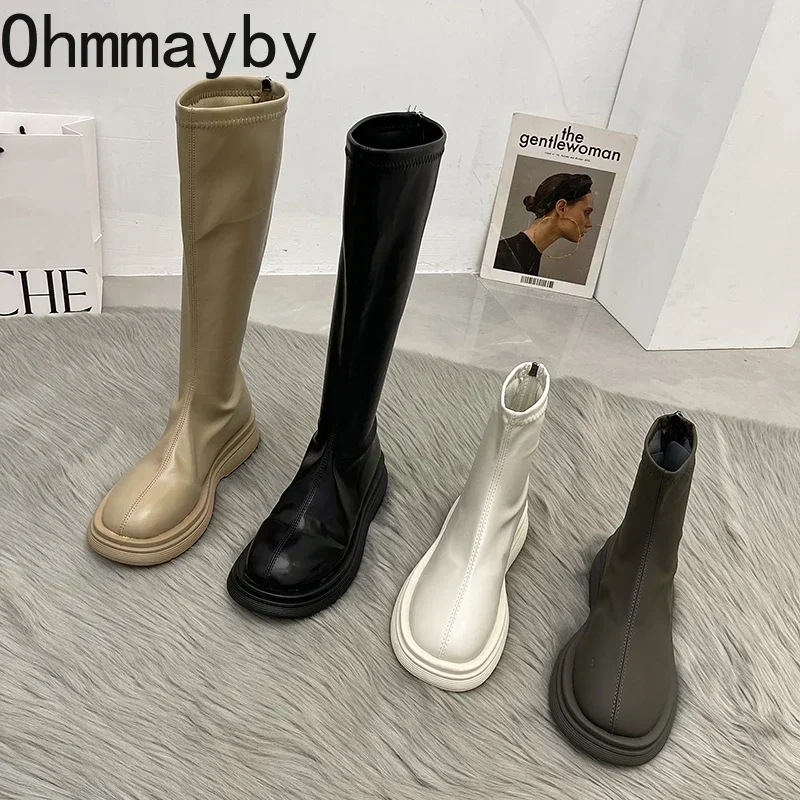 2024 Women Long Boots Thick Sole Ladies Zipper Knight Flats Heel Boots Fashion Knee-high Boots Keep Warm Plush Winter Shoes