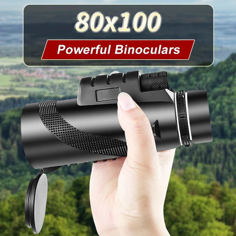 

High Power 80x100 HD Monocular Telescope, Portable Zoom Telescope with Tripod Phone Holder for Hunting, Camping, Bird Watching