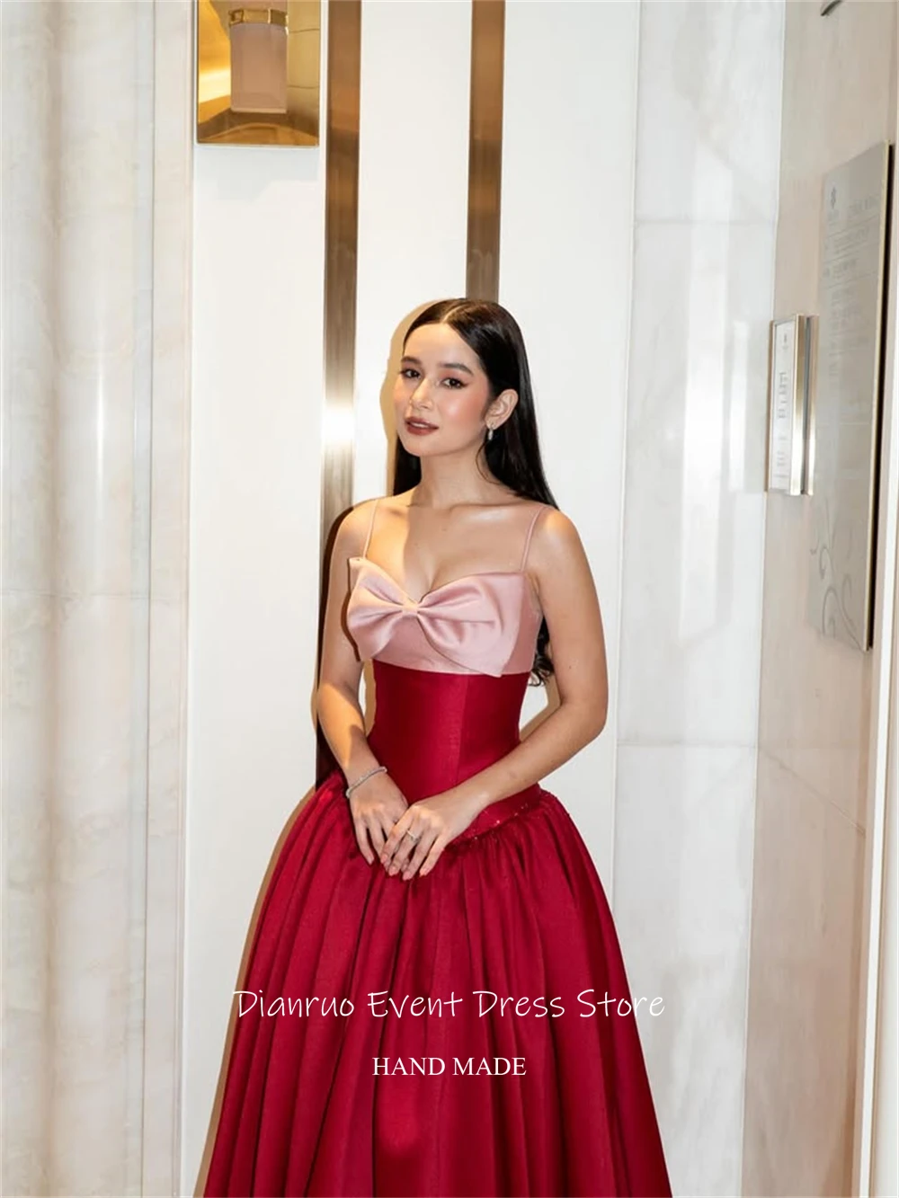 Dianruo Rosso E Rosa Una Linea di Abito Da Sera Midi di Lunghezza Senza Spalline Robe De Soirée Femme Arco Abiti Para Mujer Personalizzato