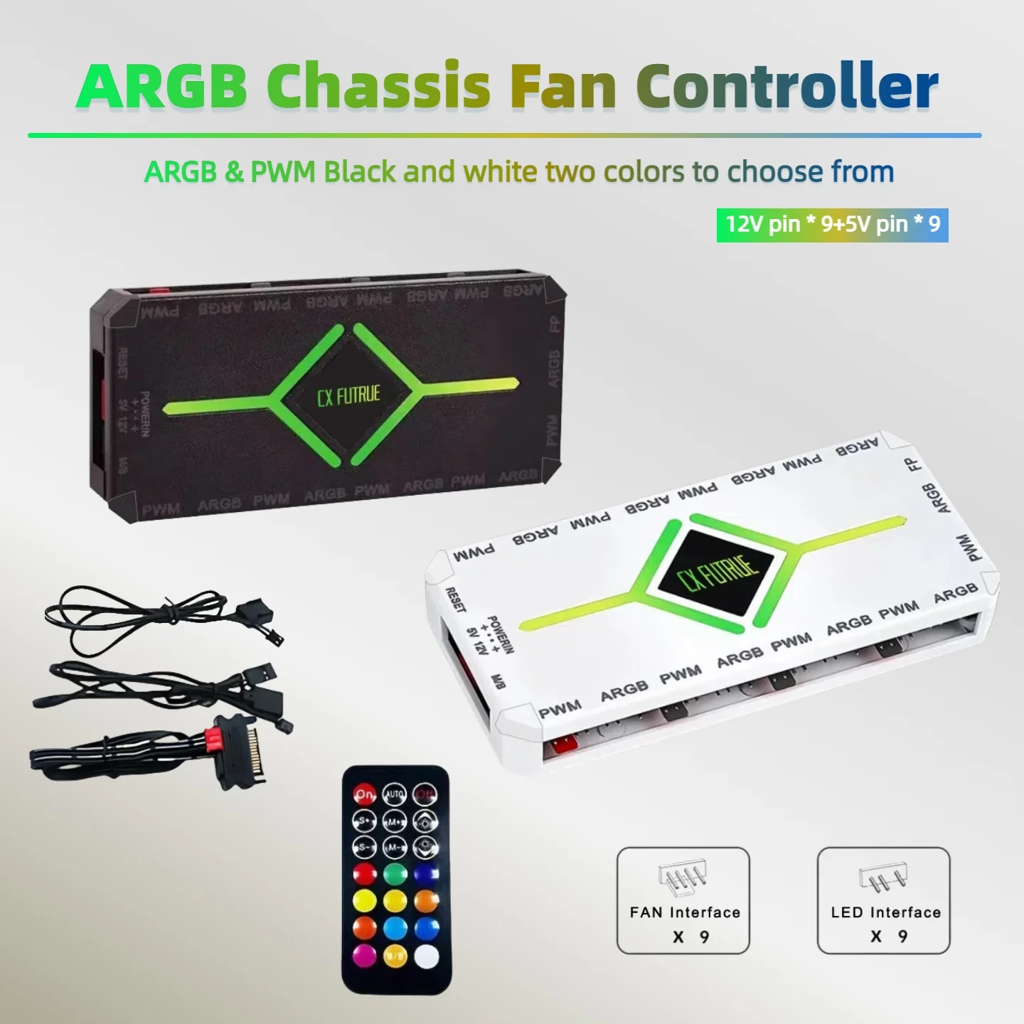 Dual Nine-Way ARGB Hub Controller 5V 3-Pin Lighting Synchronization Case Fan Controller PWM 4-Pin Temperature Controlled Speed 2