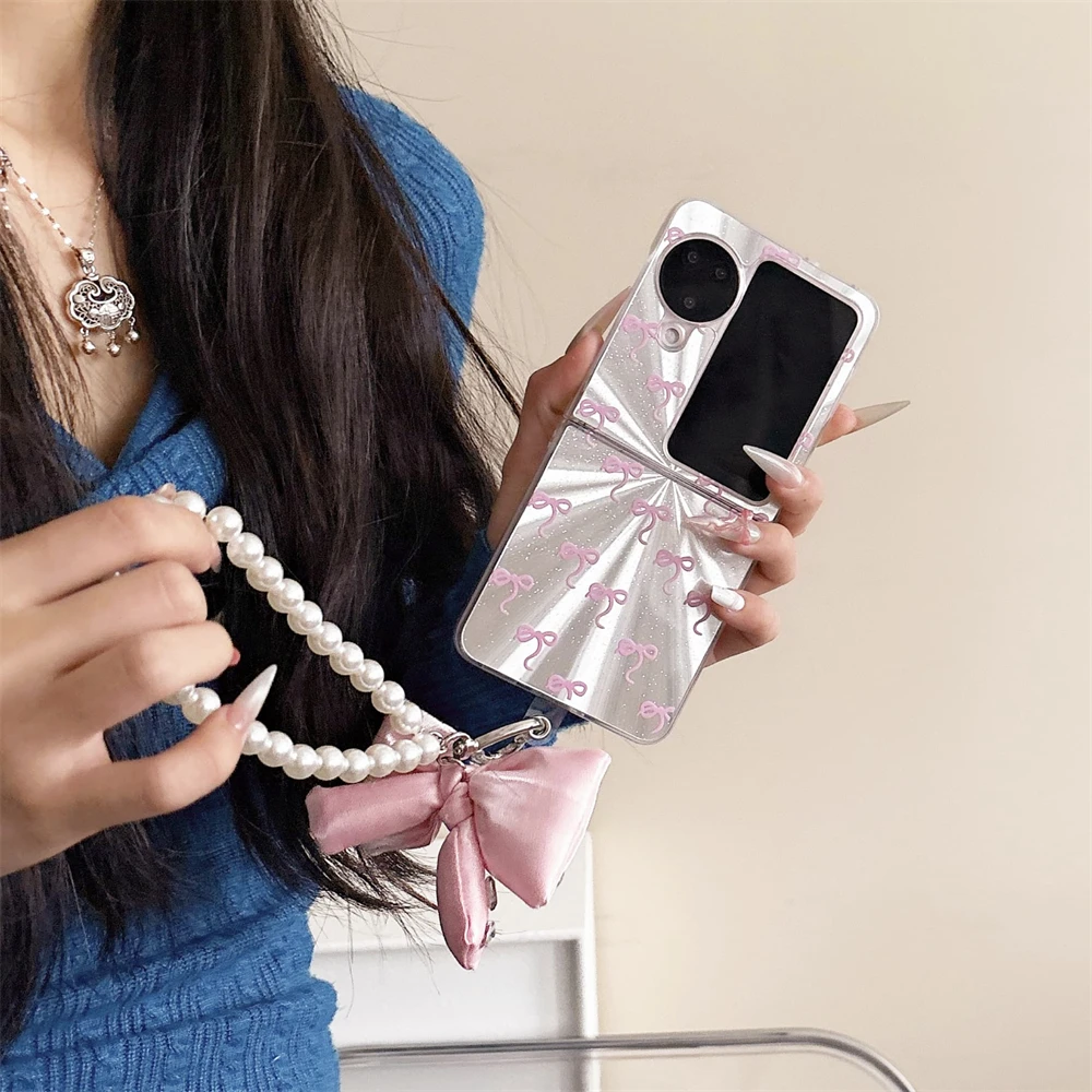 

Розовый чехол для телефона с ремешком на запястье и бантом для OPPO Find N3 Flip Find N2 Flip N3flip Findn3flip N2flip Findn2flip Противоударный чехол