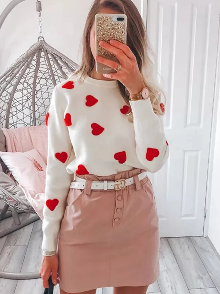 Women Embroidery Love Heart Strawberry Knitted Sweaters Vintage Y2K Casual Sweet O Ne Pullovers Winter Warm Sweater Tops C-129