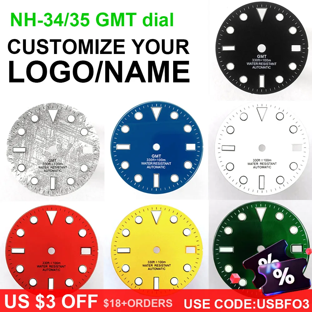 

28.5mm diameter dial suitable for NH-34/35/36 movements GMT Luminous dial customization LOGO/name DIY dial watch parts
