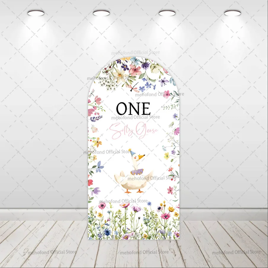 Mehofond Custom 2-Sided One Silly Goose Floral Girl First Birthday Party Baby Shower Cover Chiara Arch Background Decor Backdrop