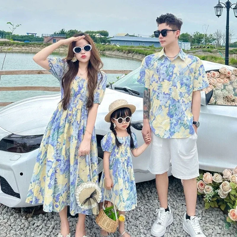 

Mom Daughter Girls Smock Dress Vacation Dad Son Floral Shirts Sister Holiday Look Family Matching Clothes Brother Twins Clothing