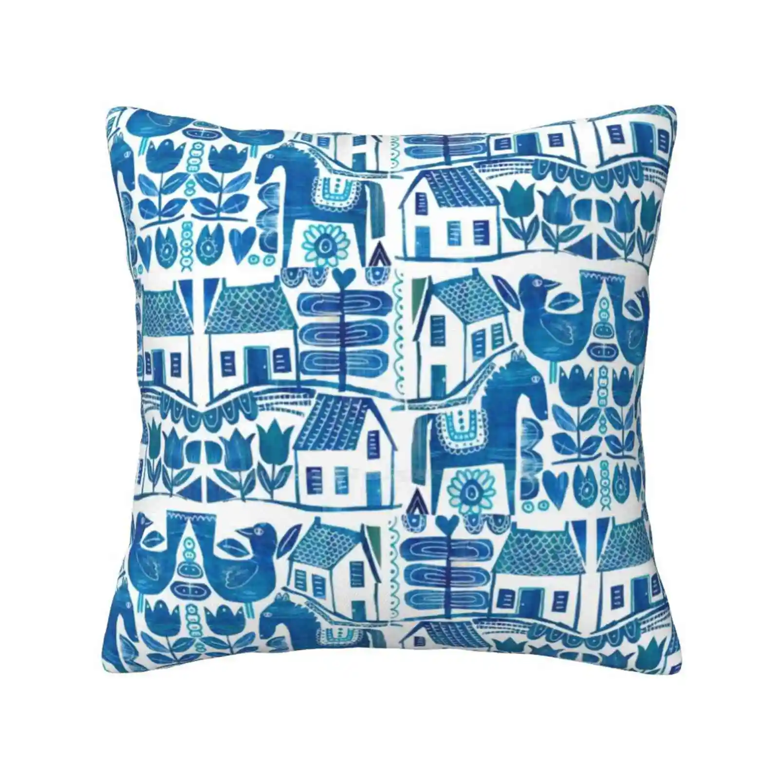 Blue Scandi Home Sofa Car Cushion Cover Pillowcase Scandinavian Traceyenglish Collage Cutpaperartist Birds Houses Blue