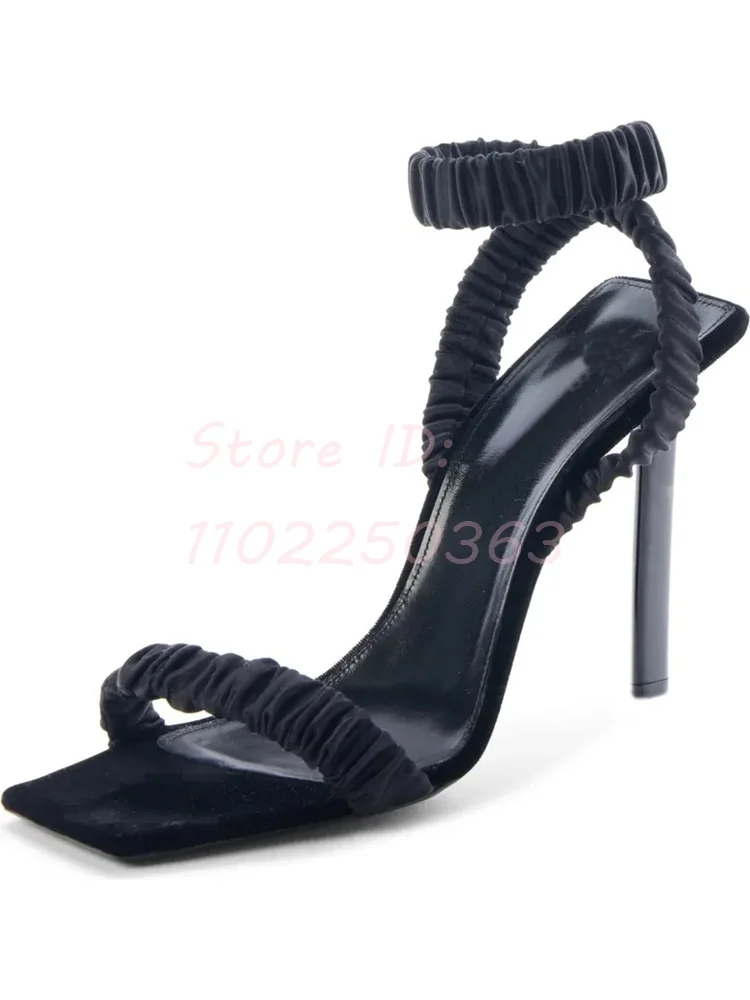 

Pleated Black Ruffles Thin High Heeled Sandals Square Toe Elastic Band Stilettos Pumps 2024 Office Lady Elegant Dress Shoes