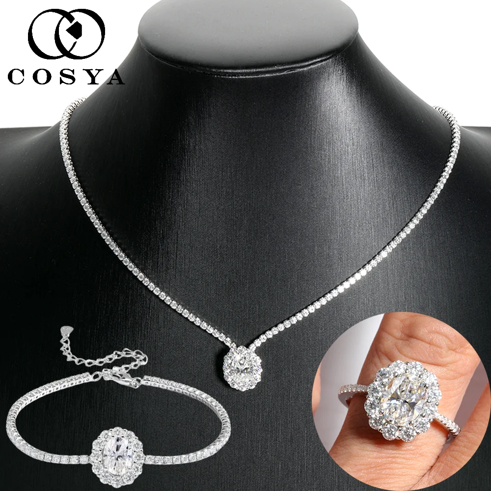 COSYA Luxury Oval Cut Moissanite Ring Necklace Bracelet Set For Women 100% S925 Silver Wedding Bridal Jewelry Fine Jewelry Gift