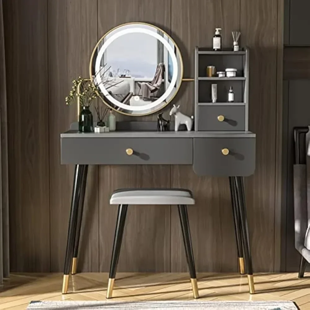 Make Vanity Set with Touch Screen Dimming Mirror, 3 Color Lighting Modes, Dressing Table with 3 Sliding Drawers, Modern Bedroom