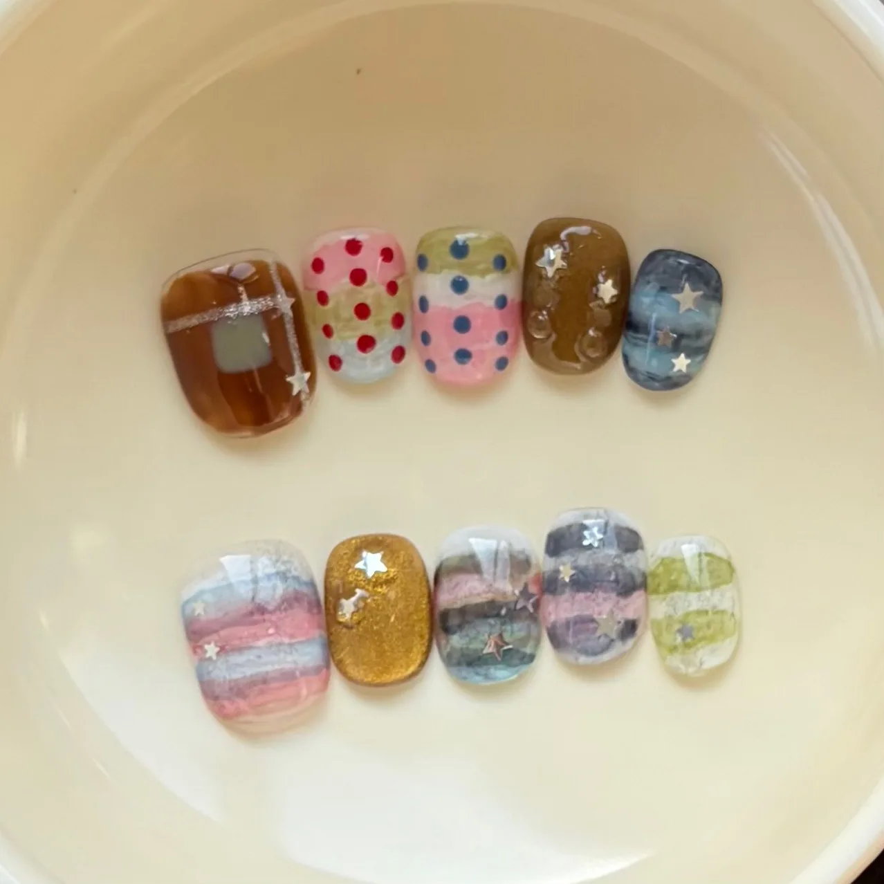 

10Pcs Smudge Stripe Handmade Fake Nail Polka Dot Pentagram Sequin Press on Nails Shiny Powder False Nails Wearable Manicure Tips