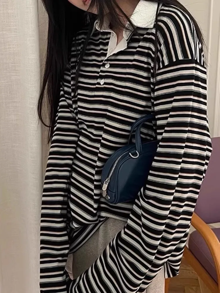 Retro Loose Long Sve Ne Gestreiftes T-Shirt Color Blo Casual Sle Damen Faion Sweet Fre Match All Long Sve Top