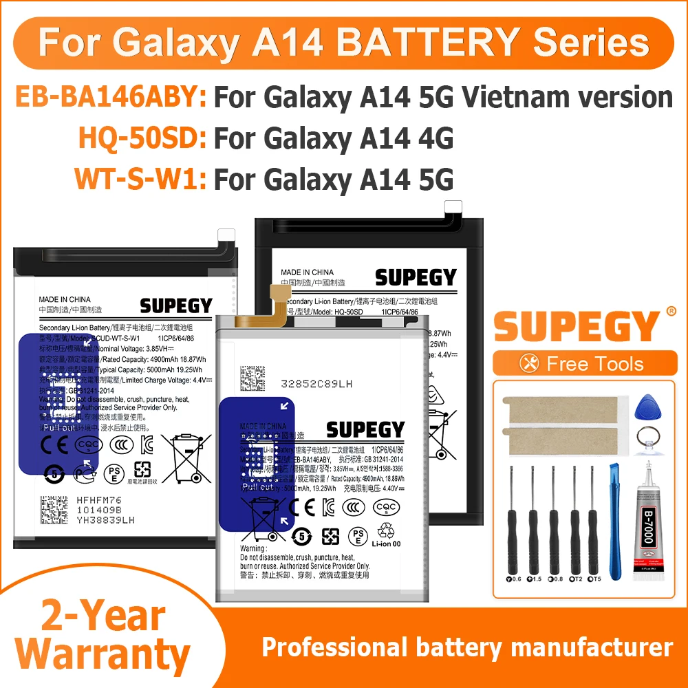 2026 YEARS High Quanlity Battery HQ-50SD EB-BA146ABY WT-S-W1 For Samsung Galaxy A14 5G Vietnam/A14 4G/A145G Battery +Free Tools