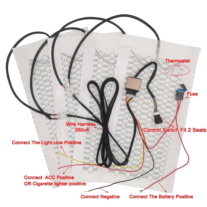 Universal 12V Carbon Fiber Car Seat Heater Heat Pads Set 3 Levels Round Dual Control Switch With Harness Kit Winter Warmer Cover