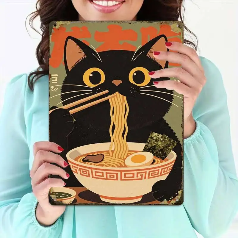 Vintage Black Cat Eating Ramen Noodles Tin Sign, Creative Metal Wall Plaque for Home Cafe Garage Man Cave Decor & Gift