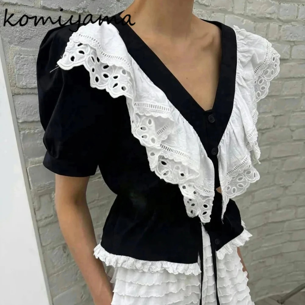 

Hollow Out Lace Bandage Woman 2025 Shirts Blouses Summer V-Neck Blusas Mujer Hit Color Clothing Shorty Sleeve Ropa Mujer