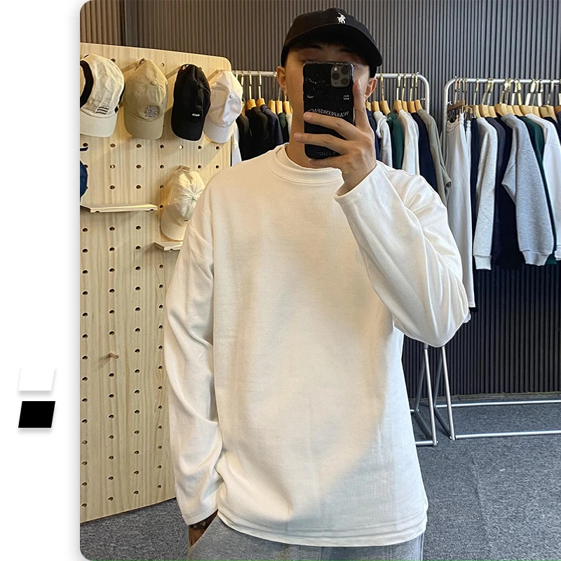 

Spring Fall Fashion Men's Basical Tops Long Sleeve T-shirt Korean Style Vintage Solid Color Casual Loose Bottoming Pullover Tees