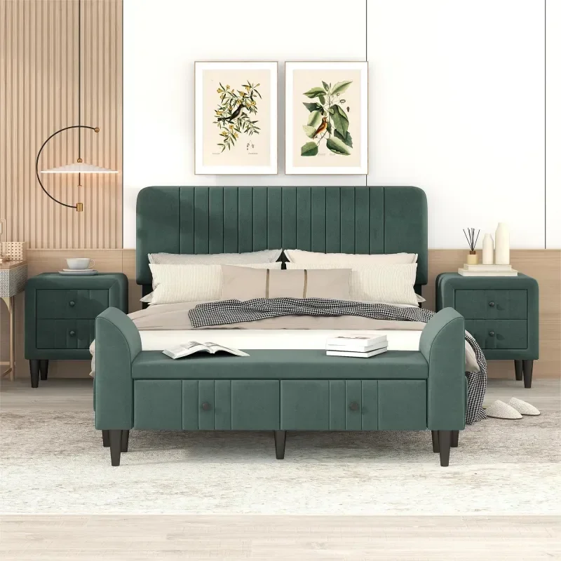 4-Pieces Bedroom Sets Queen Size Upholstered Platform Bed