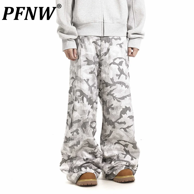 PFNW Vintage Brushed Gray White Camouflage Multi-pocket Cargo Pants Niche Baggy Jeans Loose Straight-leg Wideleg Pants 28W5796