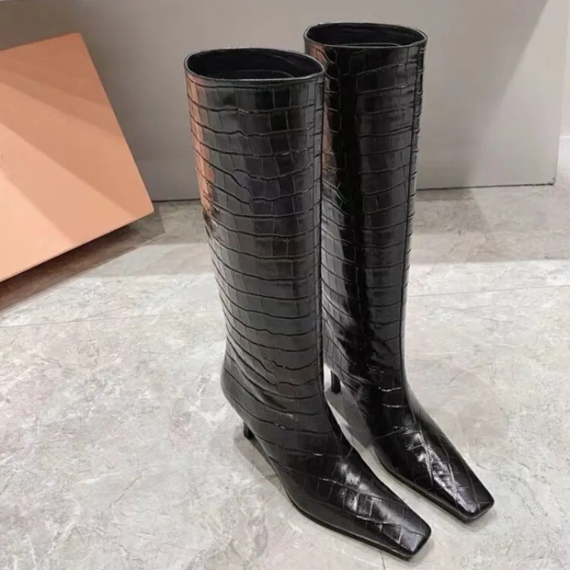 Stone Pattern Cowhide Black Apricot Knee High Boots Women Autumn Winter Low Heels Square Toe Long Boots Retro Size 34-44 Shoes