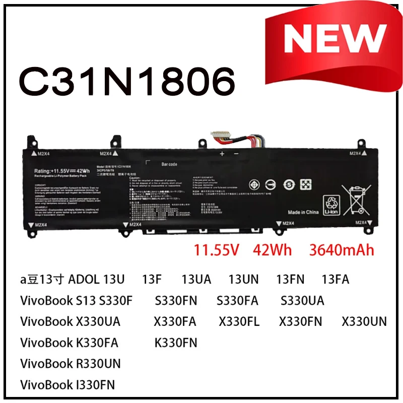 

11.55V 42Wh C31N1806 Laptop Battery for ASUS ADOL 13U 13F 13UA 13UN VivoBook S330FA S330FN S330UA X330FN X330FA S330FA S330UA