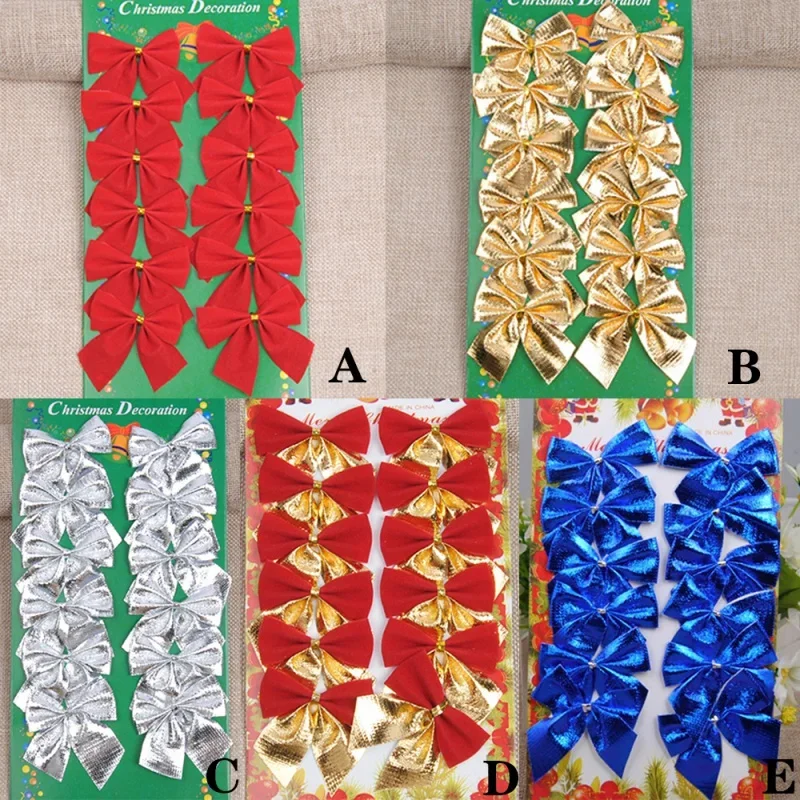 12 pcs Christmas Bow Red Gold Mini Xmas Tree Bowknot Pendant Merry Christmas ifts Packaging Bowknot New Year Party Wreath Decor