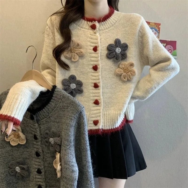 

Women's French Graceful Sweet Floral Sweater Cardigan 2025 Autumn Winter Lady Fashion Knitted Coats Daily Joker Knitwear Female