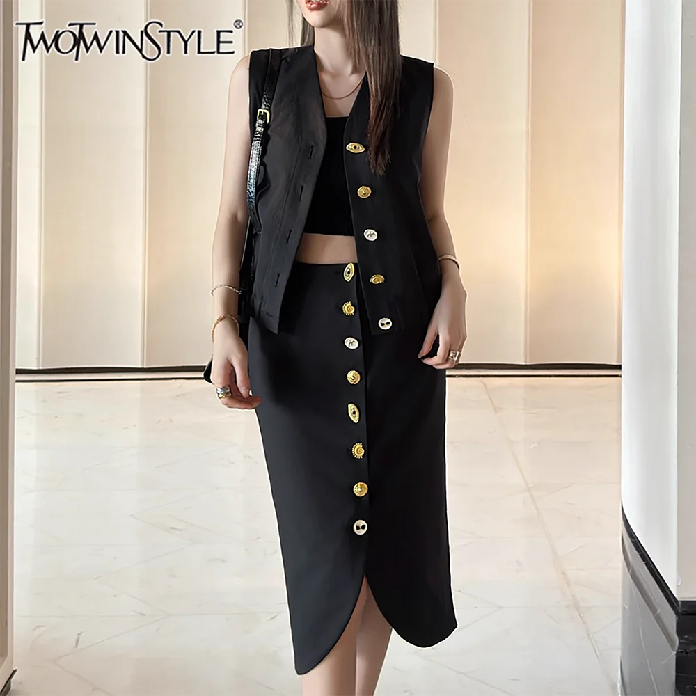 

TWOTWINSTYLE Solid Spliced Single Breasted Two Piece Sets for Women V Neck Sleeveless Top High Waist Skirts Fashion Set Female