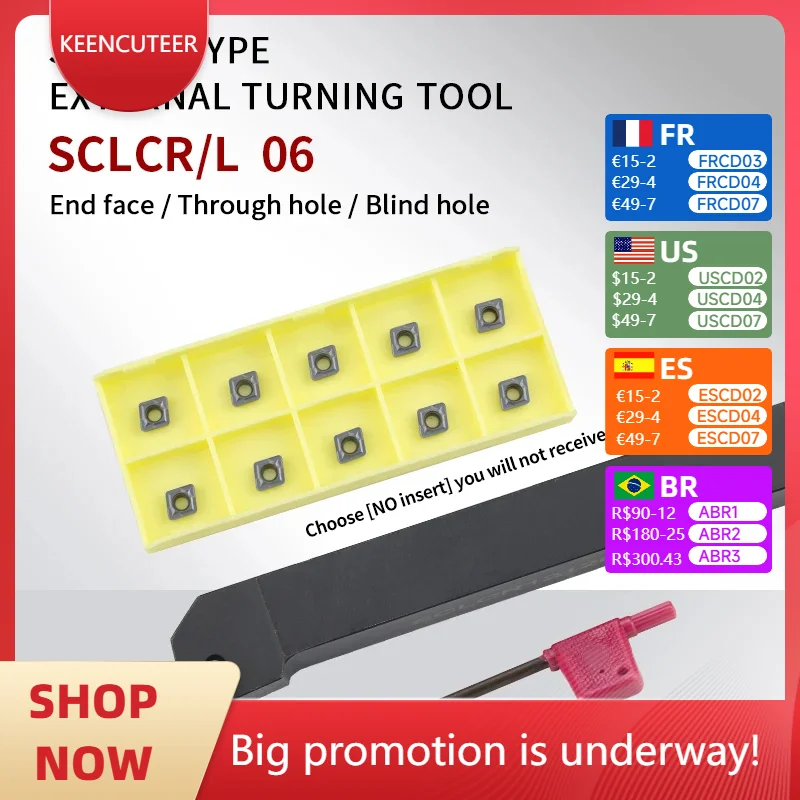 

SCLCR/L Turning Tool SCLCR0808H06 SCLCR1010F06 SCLCL1212F06 SCLCR1616H06 External Turning Tool Holder For CCMT06 Carbide Inserts