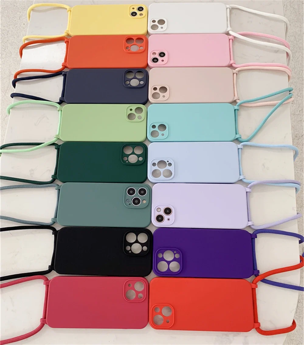 Crossbody Necklace Lanyard Cord Strap Liquid Silicone Case For iPhone 15 13 11 12 14 Pro Max XS XR X 8 7 Plus Soft Candy Cover