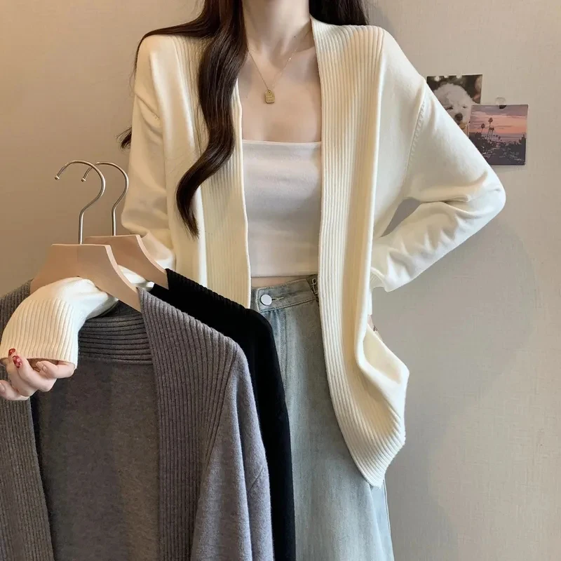 

Knitted Women Cardigan Autumn Loose Long Sleeve V Neck Casual Sweater Coat Korean Solid Simple Basic Female All Match Cardigan