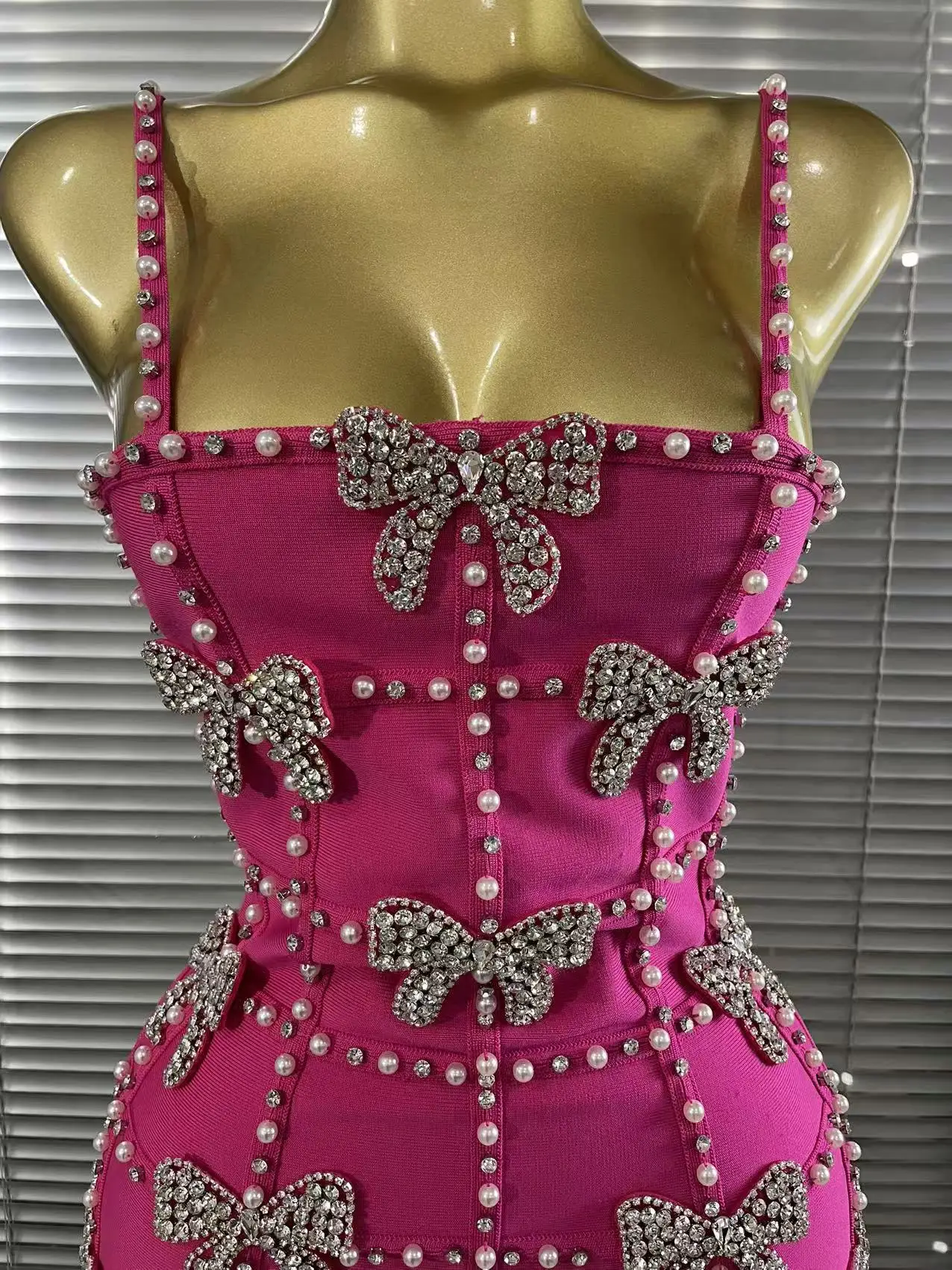 Birthday Party Celebrate Cocktail OutfitRodered Women Sexy Strap Shining Rhinestones Bows Bodycon Mini Bandage Dress
