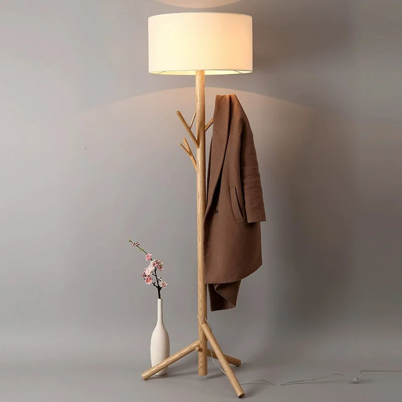 Solid Wood Tree Branch Clothes Hanger Floor Lamp Bedroom Living Room Vertical Floor Light Fabric Lampshade LED Bedside Lamp