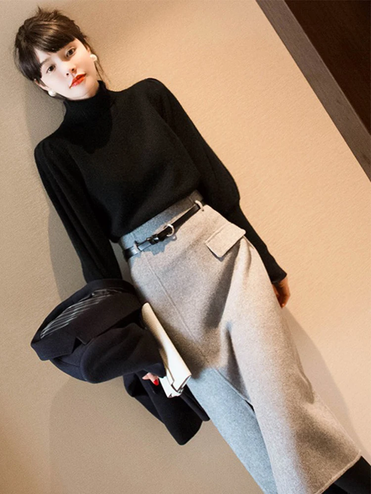 Elegant Woolen Midi Skirt Women's Autumn Winter High Waist A-Line Wrap around Skirt with Slit Commute Style Korean Version