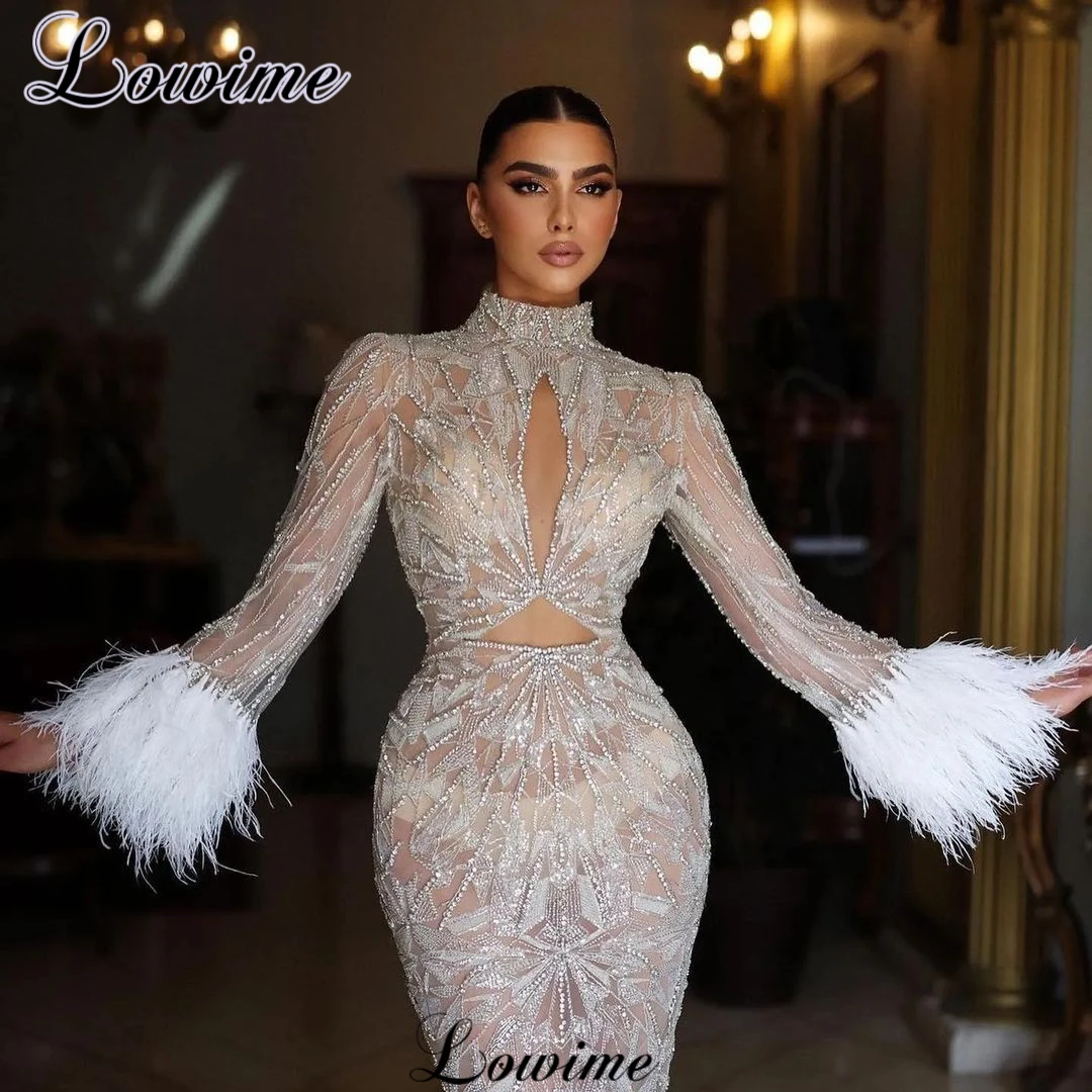 Haute Coutures Transparent Mermaid Prom Dresses For Women 2023 Long Sleeves Crystals Cocktail Dresses Vestidos De Cóctel