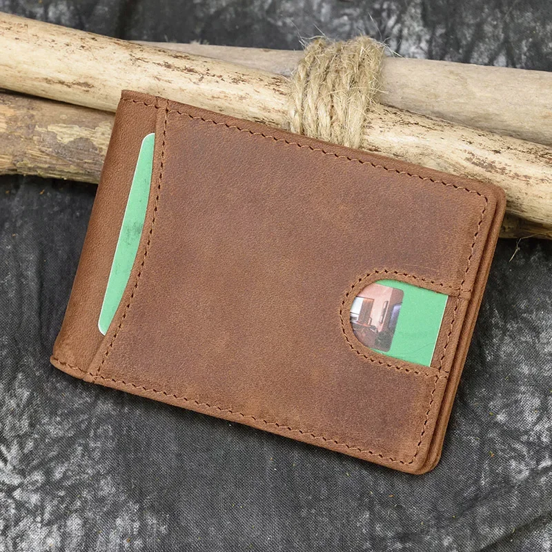 Porta carte di credito da uomo in vera pelle Crazy Horse Leather Retro Dollar Clip RFID Blocking Money Clip portafoglio in pelle bovina