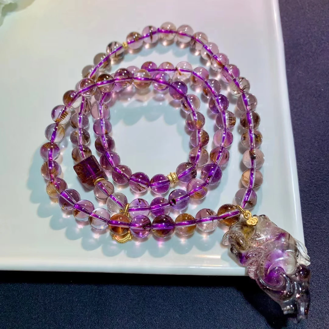 

Natural Cacoxenite Auralite 23 Purple 3 Laps Rutilated Quartz Bracelet 7.1mm Flower Clear Round Beads Bangle Women Men AAAAAA