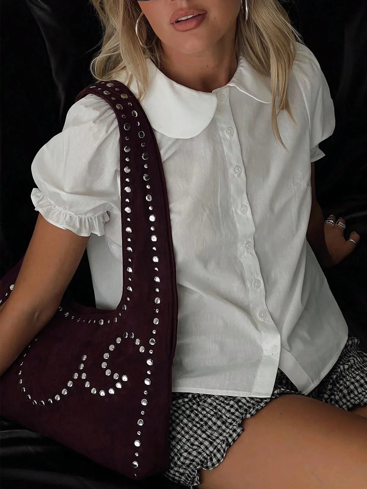 

Women Peter Pan Collar Puff Sleeve Blouse Casual Short Top For Summer