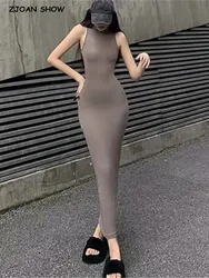 2023 Sexy High Collar Knitted Cotton Midi Calf Tank Dress Women Sleeveless Stretch Basic Bodycon Package Hips Robe Vestido