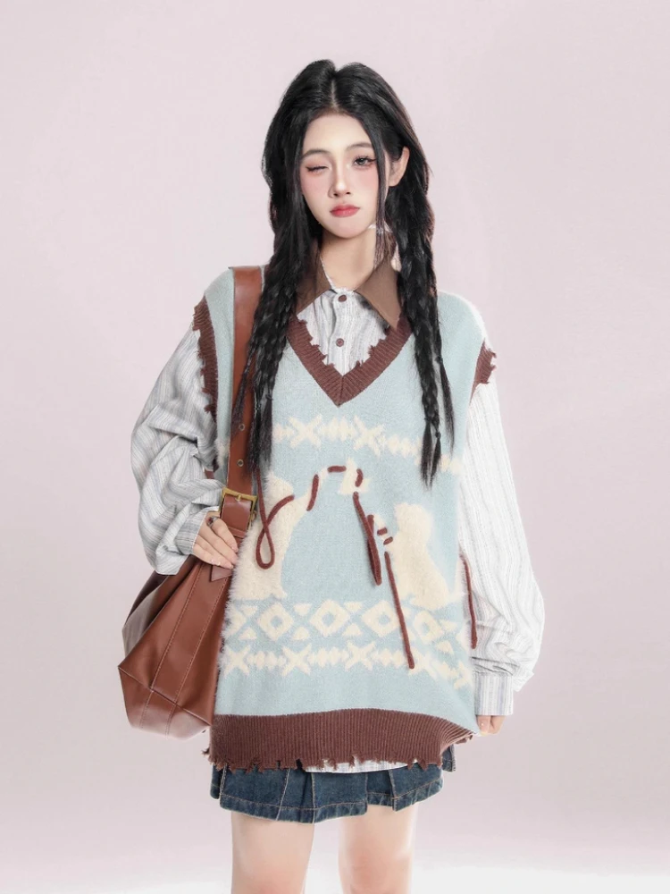 

Y2k Sweet Sleeveless Sweater Vest Knitwear Cartoon Cat Embroidery V-Neck Pullover Patchwork Lace-Up Women Casual Spring Autumn