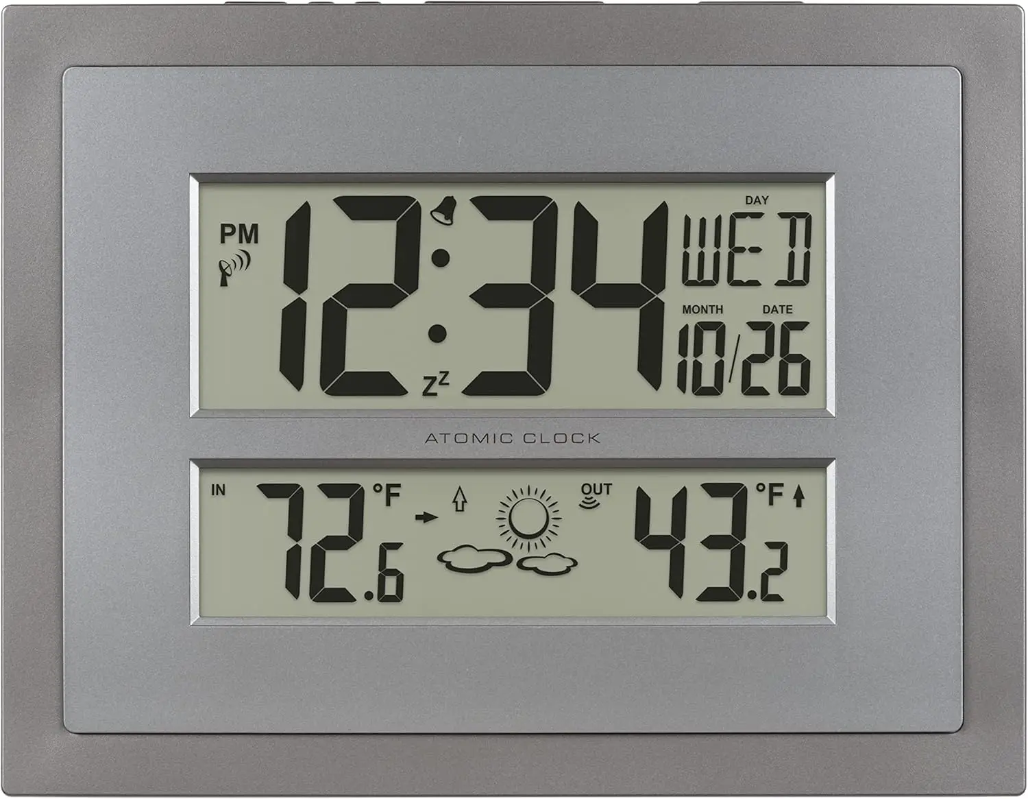

Atomic Digital Wall Clock with Temperature Display, Time Zones, and Alarm Features