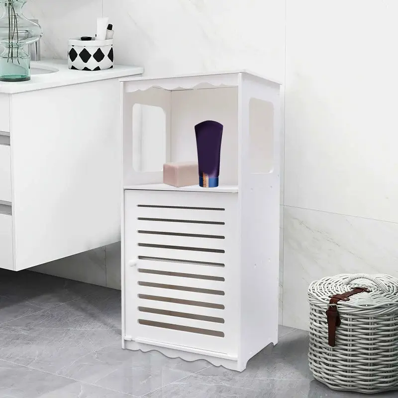 Bathroom Cabinet Wooden Plastic Panel with 1 Open Compartment and Doors 39.5 x 28 x 80 cm Bathroom Storage Organiser White