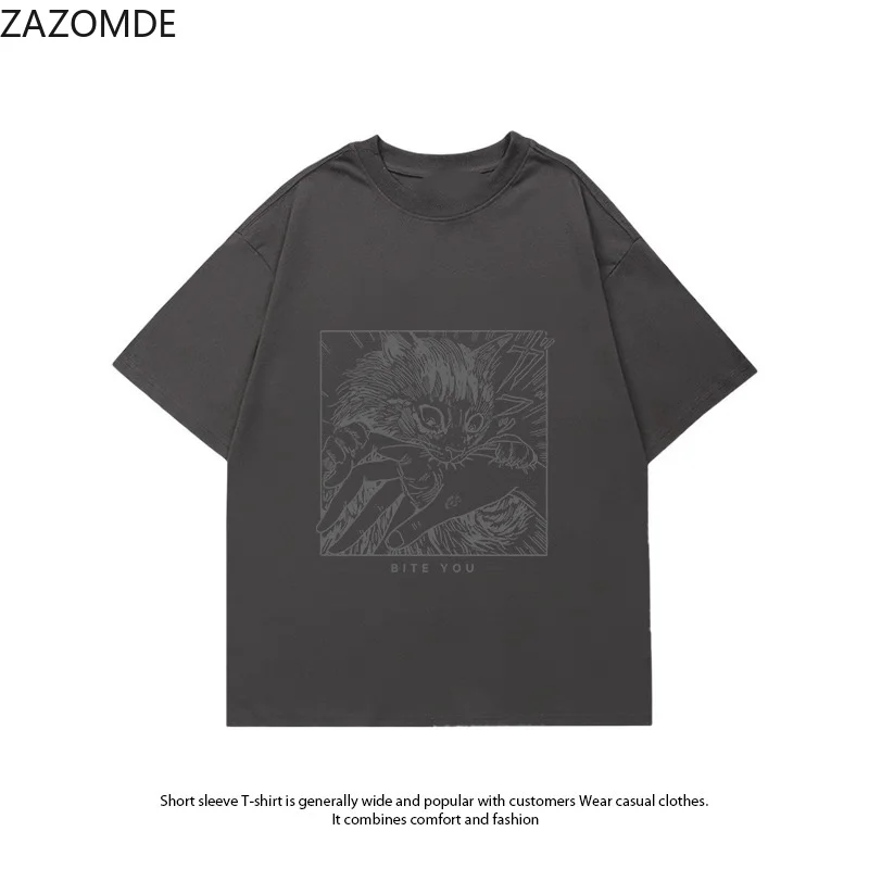 ZAZOMDE Dark Manga Style Angry Cat Bite Hand Graphic T Shirt Unisex Oversized Short Sleeve Cotton Tee Animal Print Street Top