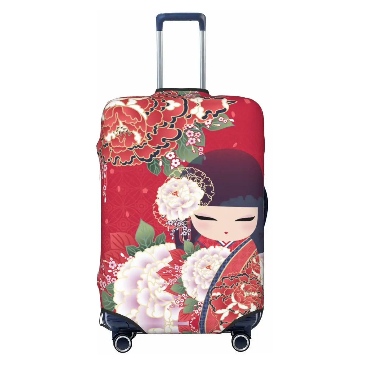 

Custom Kawaii Kokeshi Doll Cherry Blossoms Luggage Cover Protector Fashion Japanese Girl Art Travel Suitcase Protective Cover