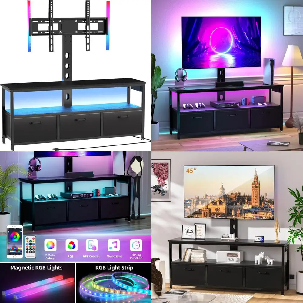 حامل تلفزيون دوار قابل للتعديل مع حامل مدمج ومخرج طاقة لأجهزة التلفاز مقاس 32-65 بوصة، ومركز ترفيه بإضاءة LED