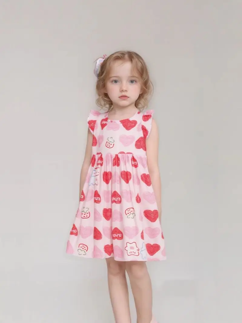 Girls Dresses Summer Sleeveless Princess 2-8T Hearts Print Baby Party Dress Clothing Kids Costume Cartoon Frocks