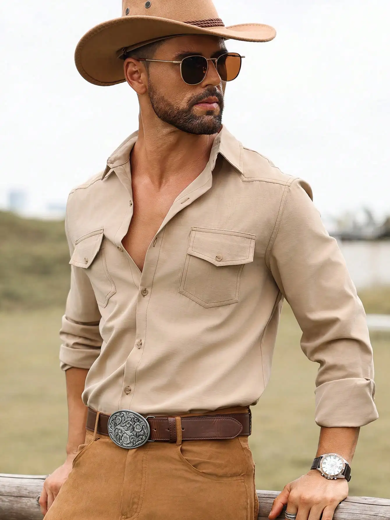 

Men's Khaki Long Sleeve Casual Shirt with Chest Pockets, Western Style for Fall Outdoor Wear