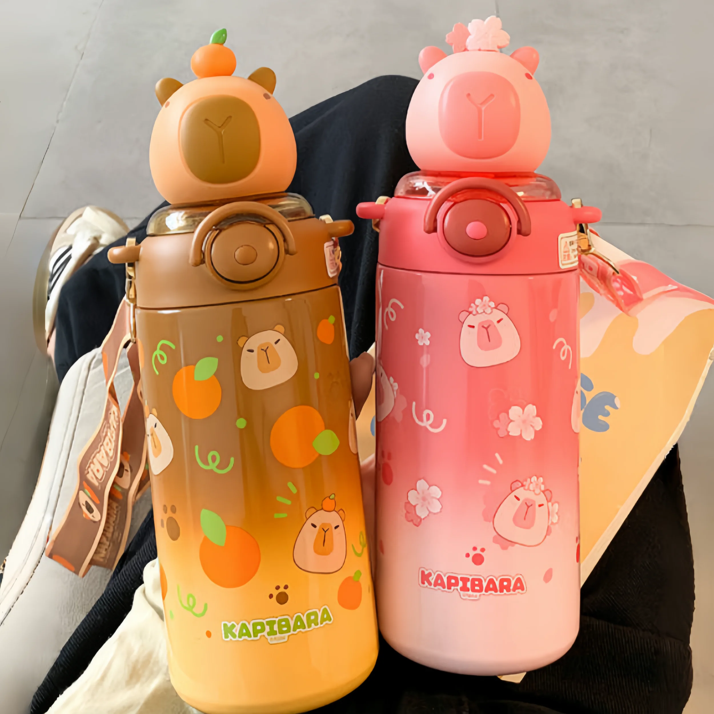 Bouteille Thermos Capybara pour enfants de 600ml, jolie bouteille d'eau thermique pour enfants avec paille, bouteille en acier inoxydable, tasse chaude et froide