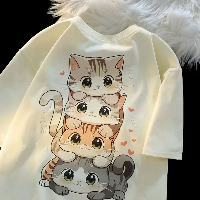 Cute Cartoon Cat Print T Shirt Women Round Neck Short Sleeved T-shirt Casual Loose Versatile Summer Streetwear Y2k Clothes Tops