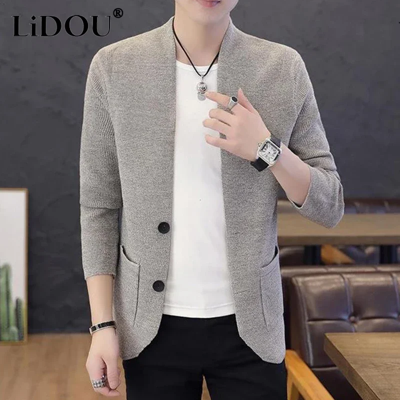 

Korean Trend Handsome Casual Male Tops Fashion All Match Keep Warm Knitted Cardigan Solid Color Chic Jacket Men C29